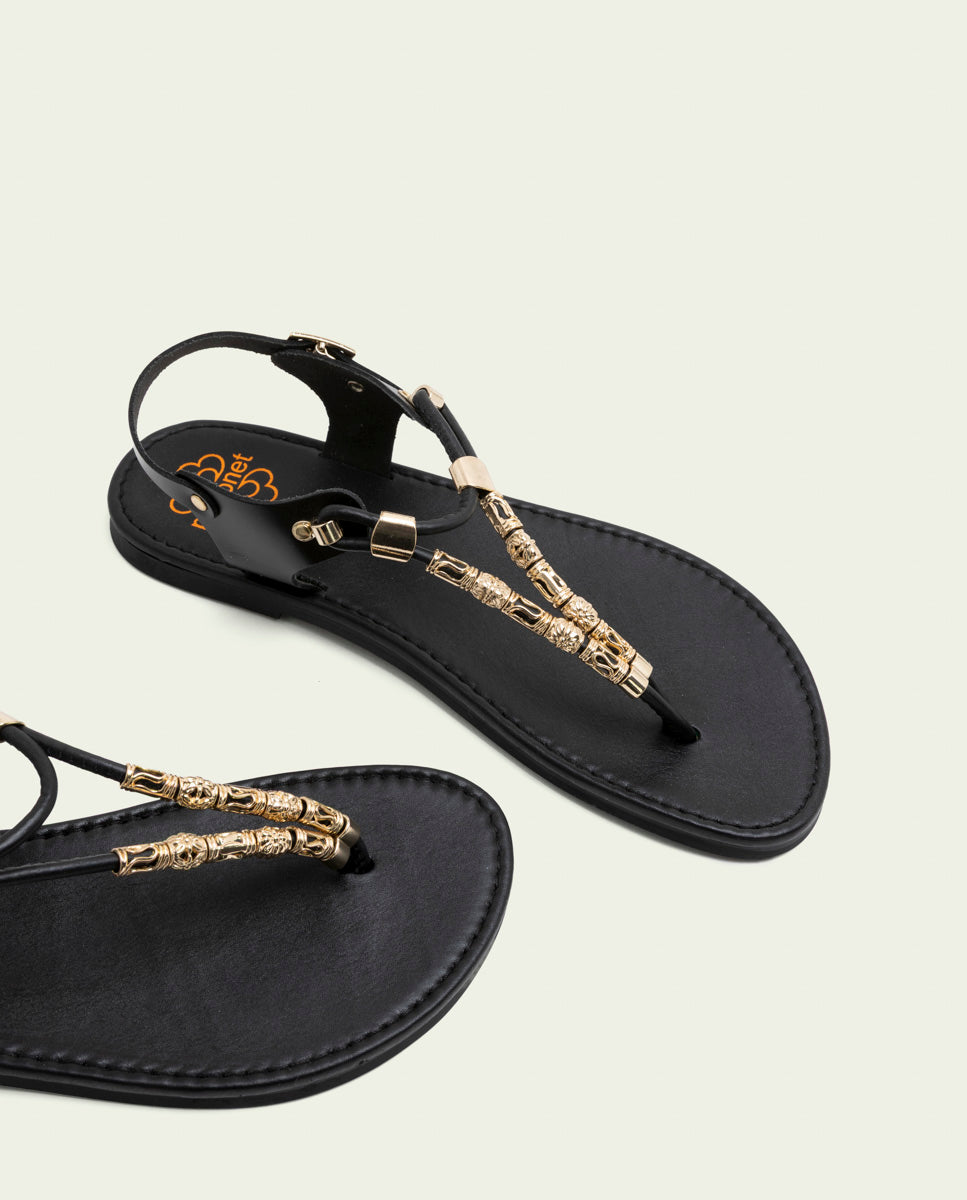 BLACK LEATHER TOE POST SANDAL ADA