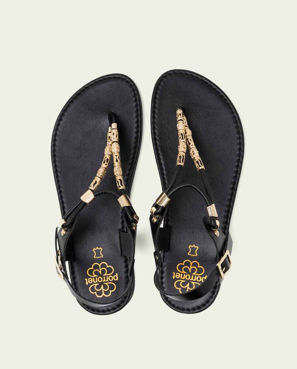 BLACK LEATHER TOE POST SANDAL ADA