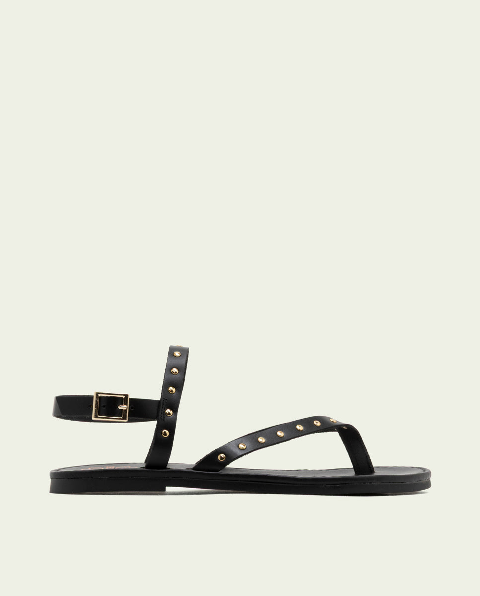 BLACK STUDDED LEATHER FLAT SANDALS ALESSANDRA