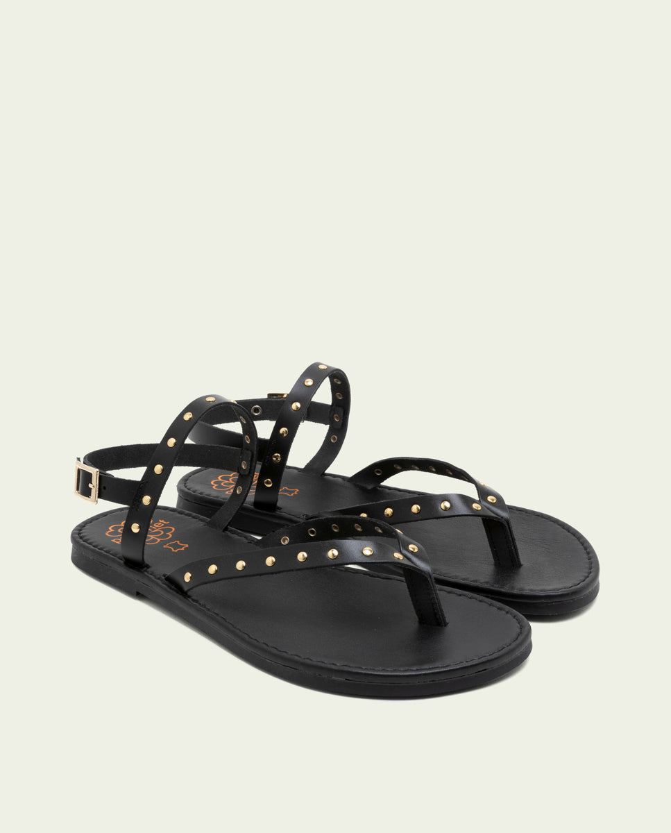 BLACK STUDDED LEATHER FLAT SANDALS ALESSANDRA