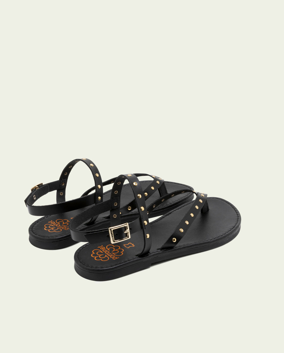 BLACK STUDDED LEATHER FLAT SANDALS ALESSANDRA
