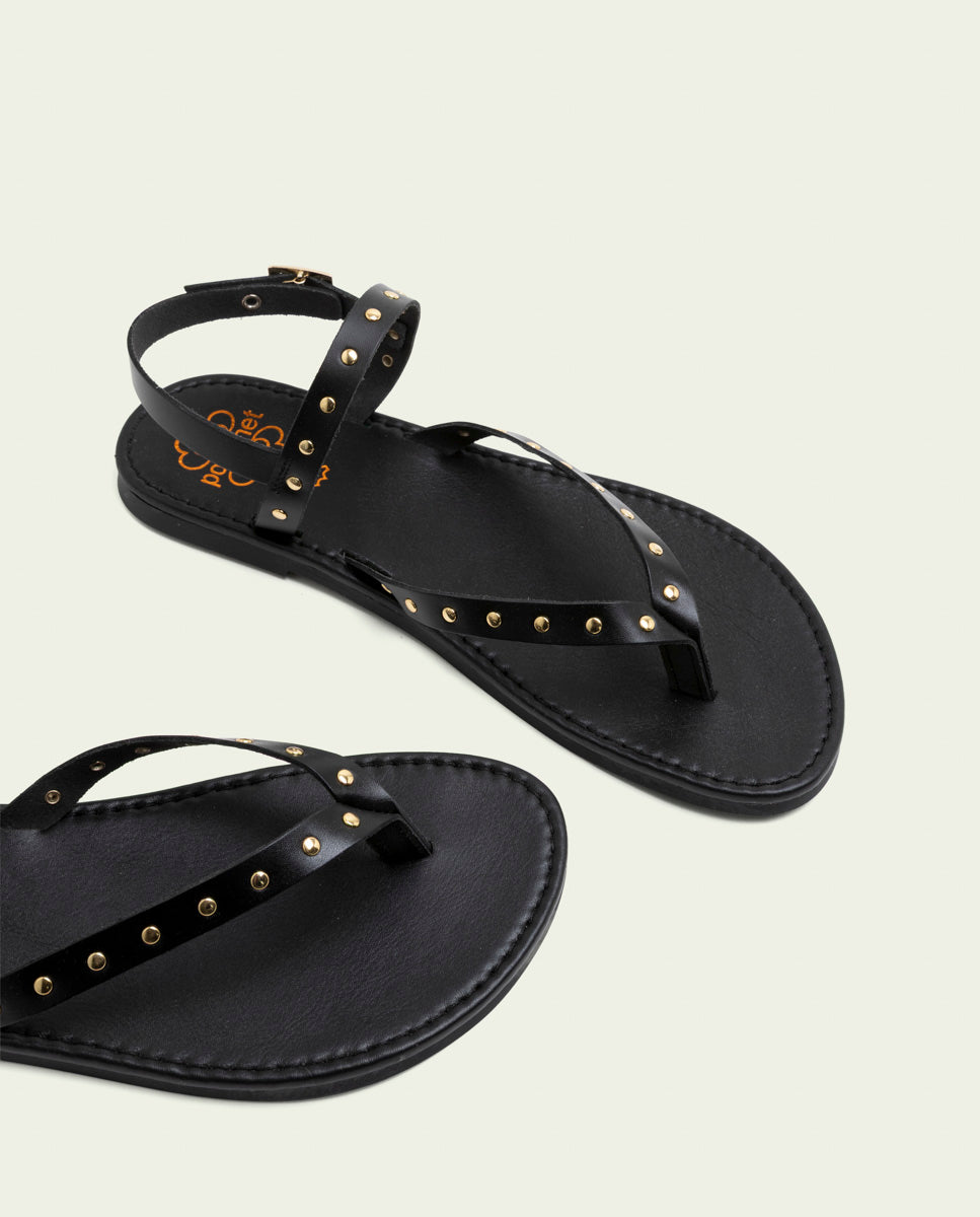 BLACK STUDDED LEATHER FLAT SANDALS ALESSANDRA