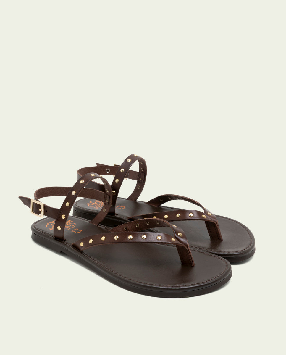 MOKA STUDDED LEATHER FLAT SANDALS ALESSANDRA