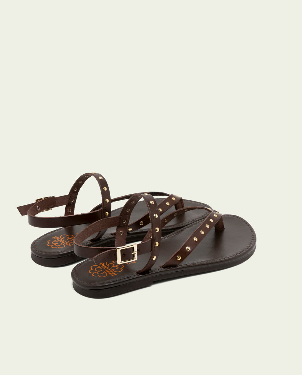 MOKA STUDDED LEATHER FLAT SANDALS ALESSANDRA