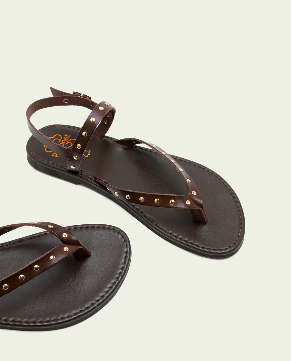 MOKA STUDDED LEATHER FLAT SANDALS ALESSANDRA