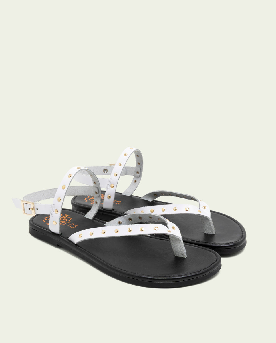 WHITE STUDDED LEATHER FLAT SANDALS ALESSANDRA