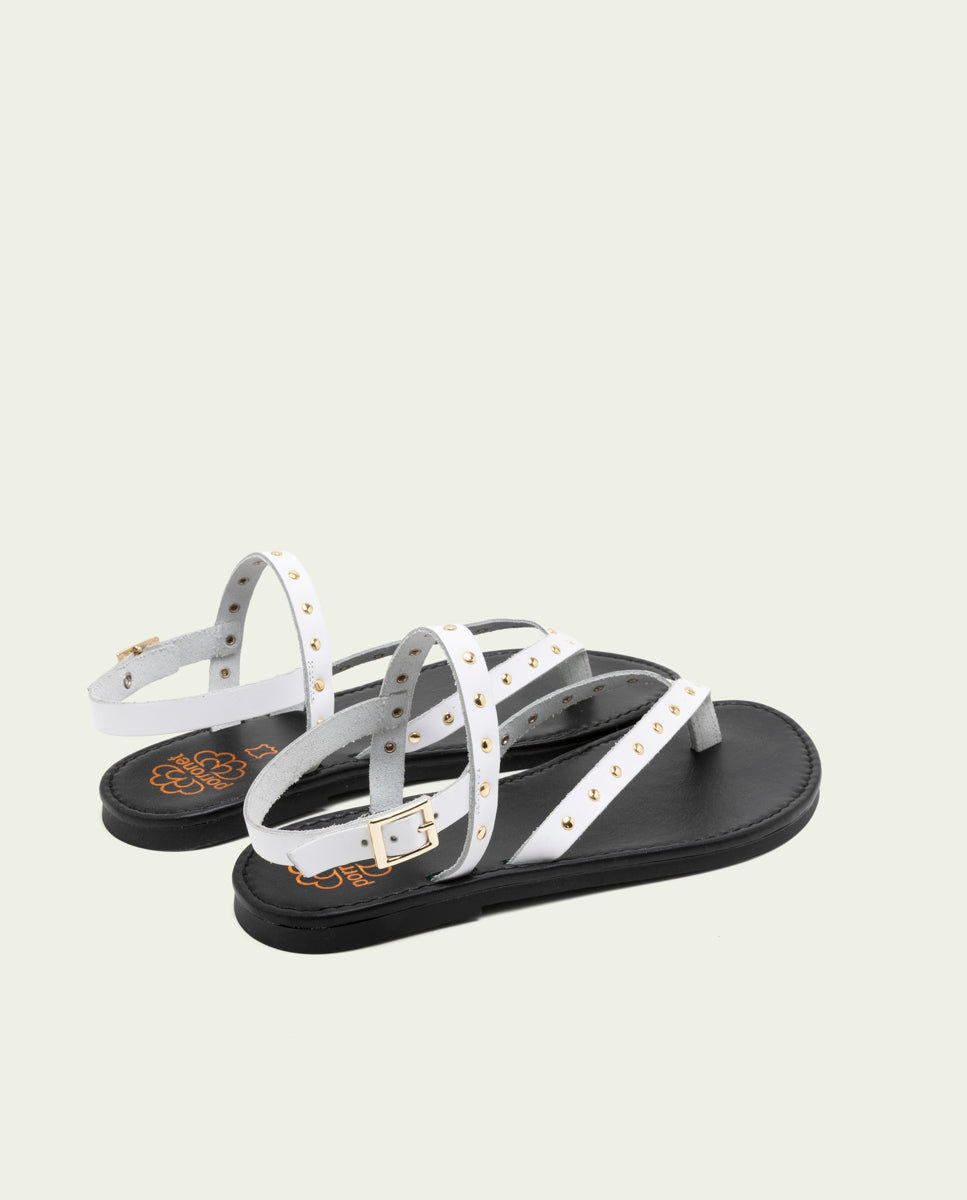 WHITE STUDDED LEATHER FLAT SANDALS ALESSANDRA