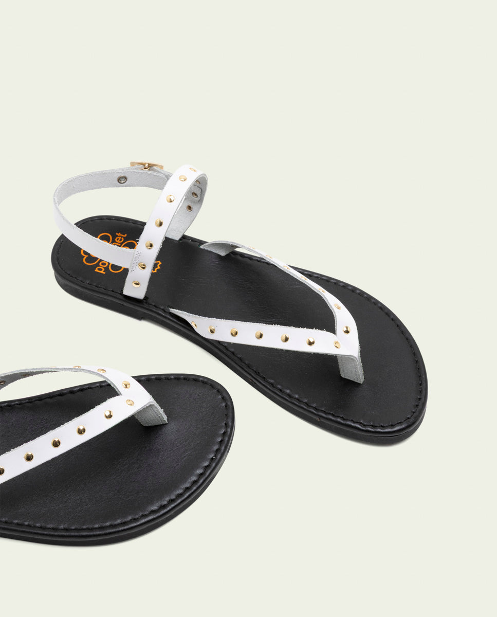 WHITE STUDDED LEATHER FLAT SANDALS ALESSANDRA
