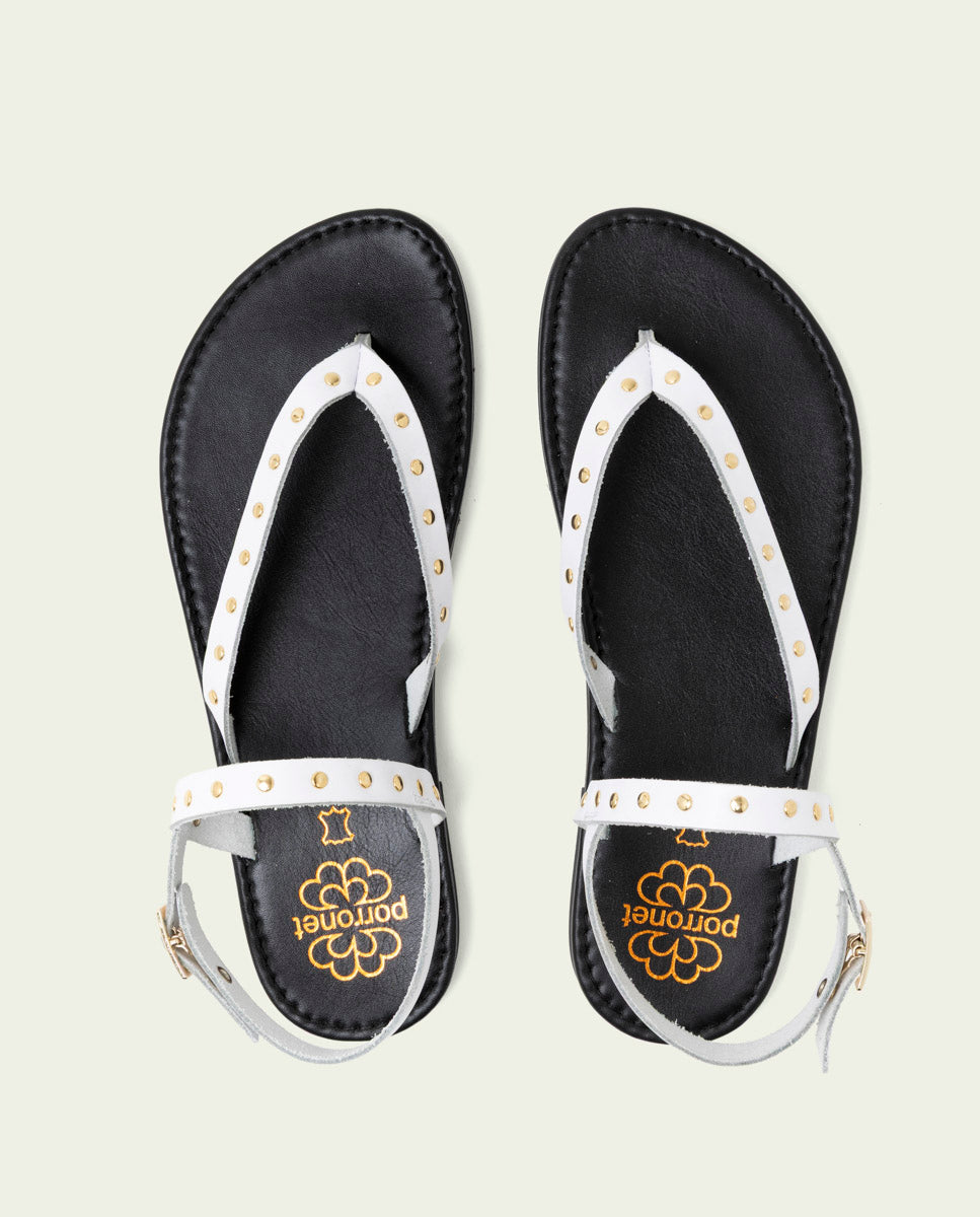 WHITE STUDDED LEATHER FLAT SANDALS ALESSANDRA