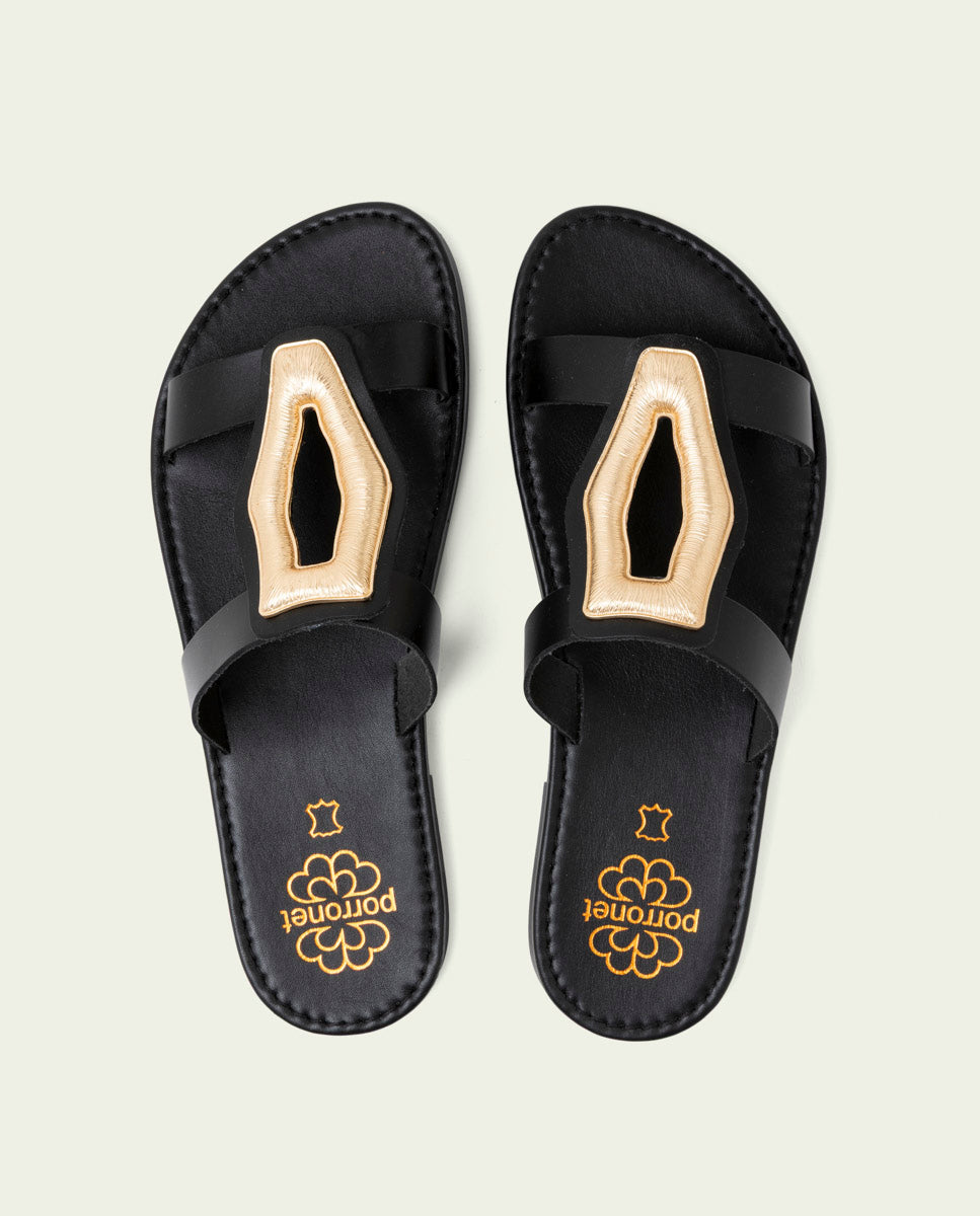 SANDALES PLATES EN CUIR AVEC ORNEMENT ALEIDA NOIR
