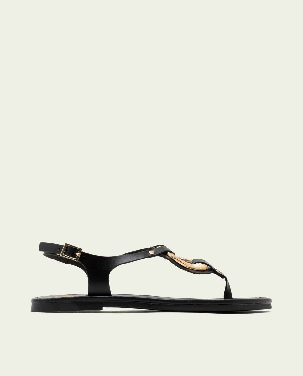 FLAT LEATHER SANDALS WITH ORNAMENT AURELIA BLACK