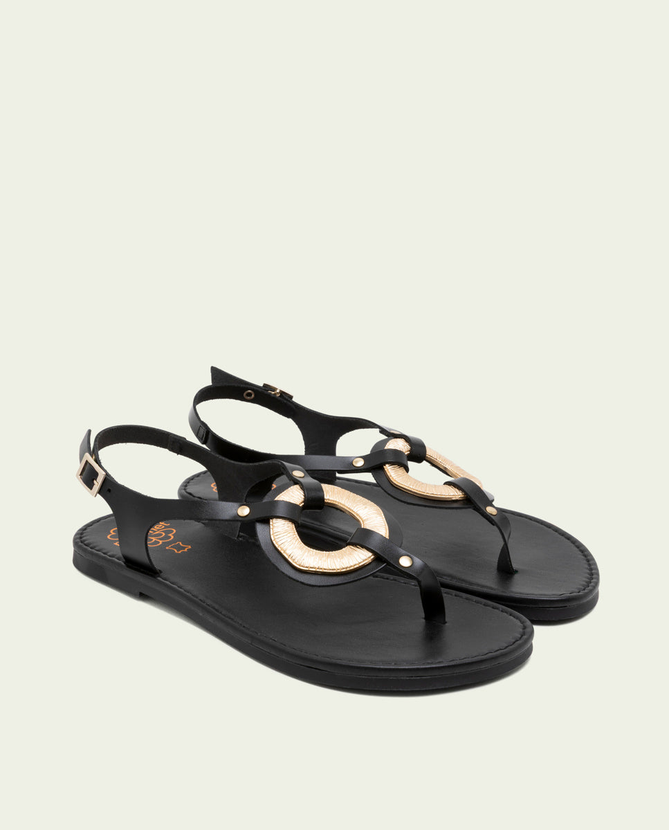 FLAT LEATHER SANDALS WITH ORNAMENT AURELIA BLACK
