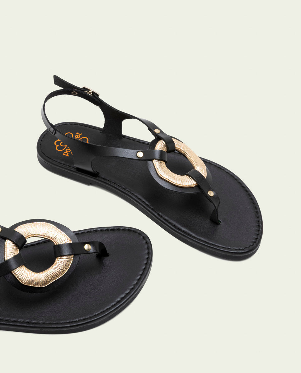 FLAT LEATHER SANDALS WITH ORNAMENT AURELIA BLACK