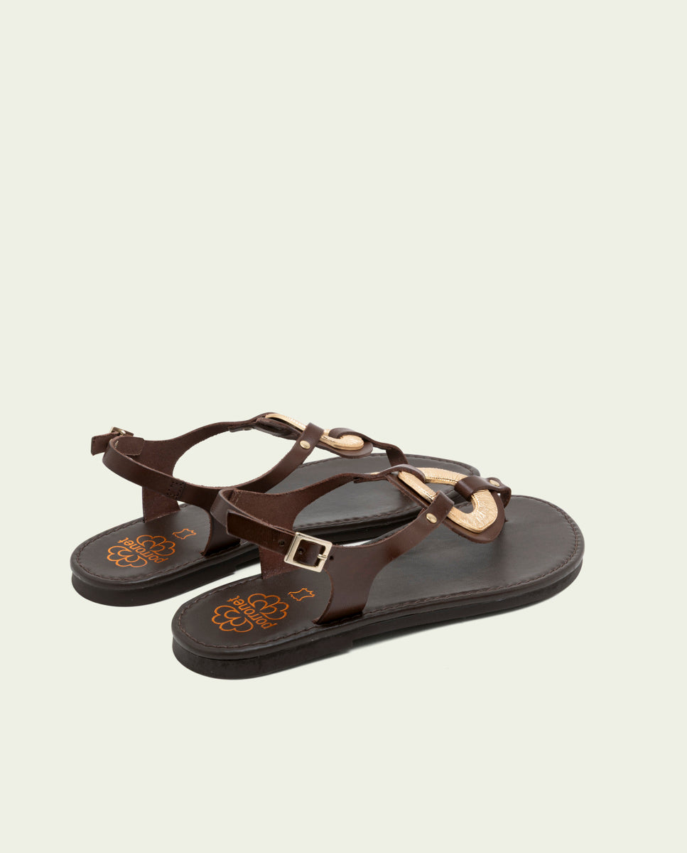 FLAT LEATHER SANDALS WITH ORNAMENT AURELIA MOCHA