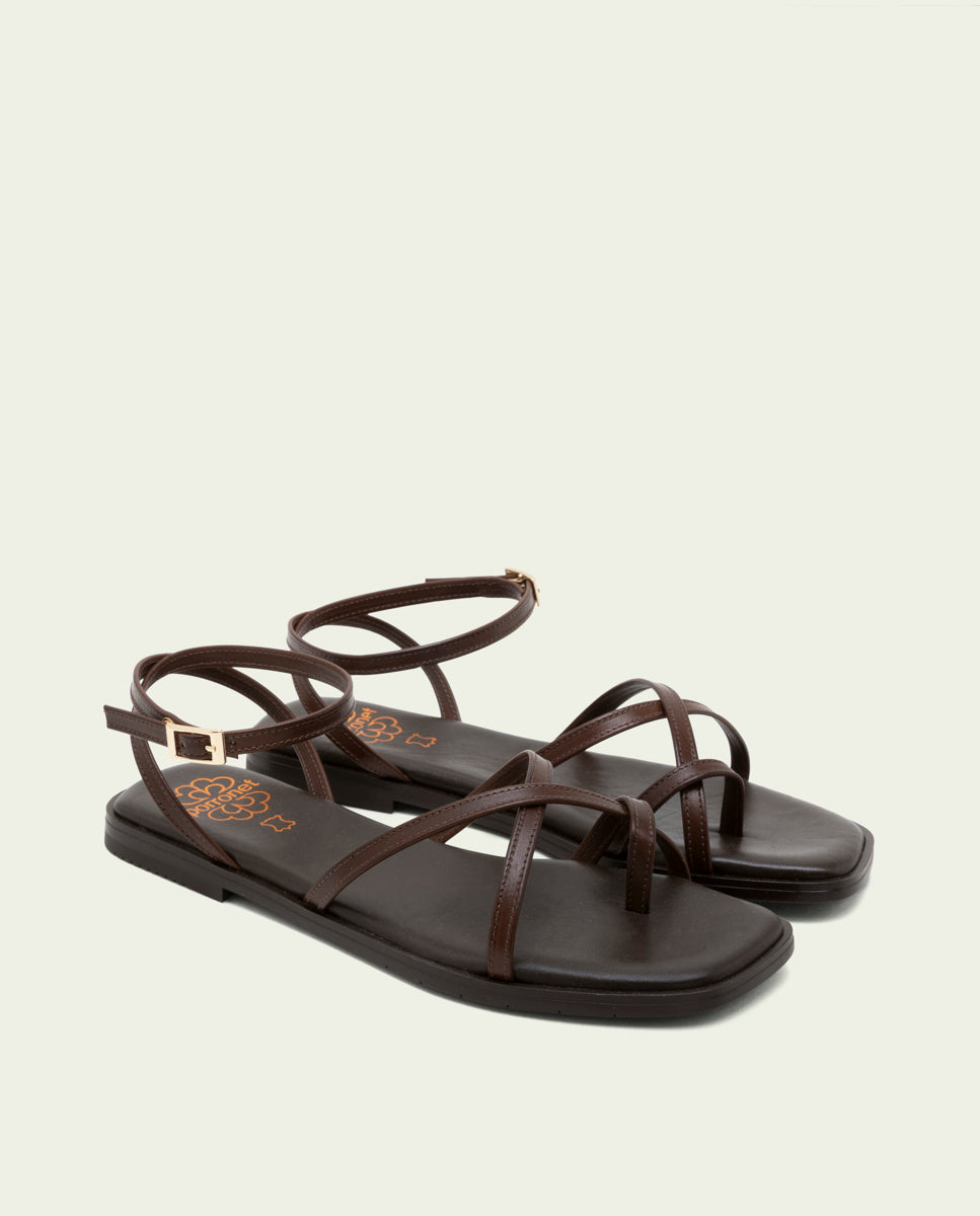 FLAT LEATHER SANDALS WITH STRAPS BIANCA MOCHA