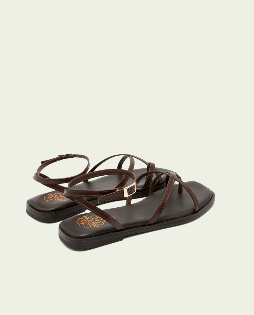 FLAT LEATHER SANDALS WITH STRAPS BIANCA MOCHA