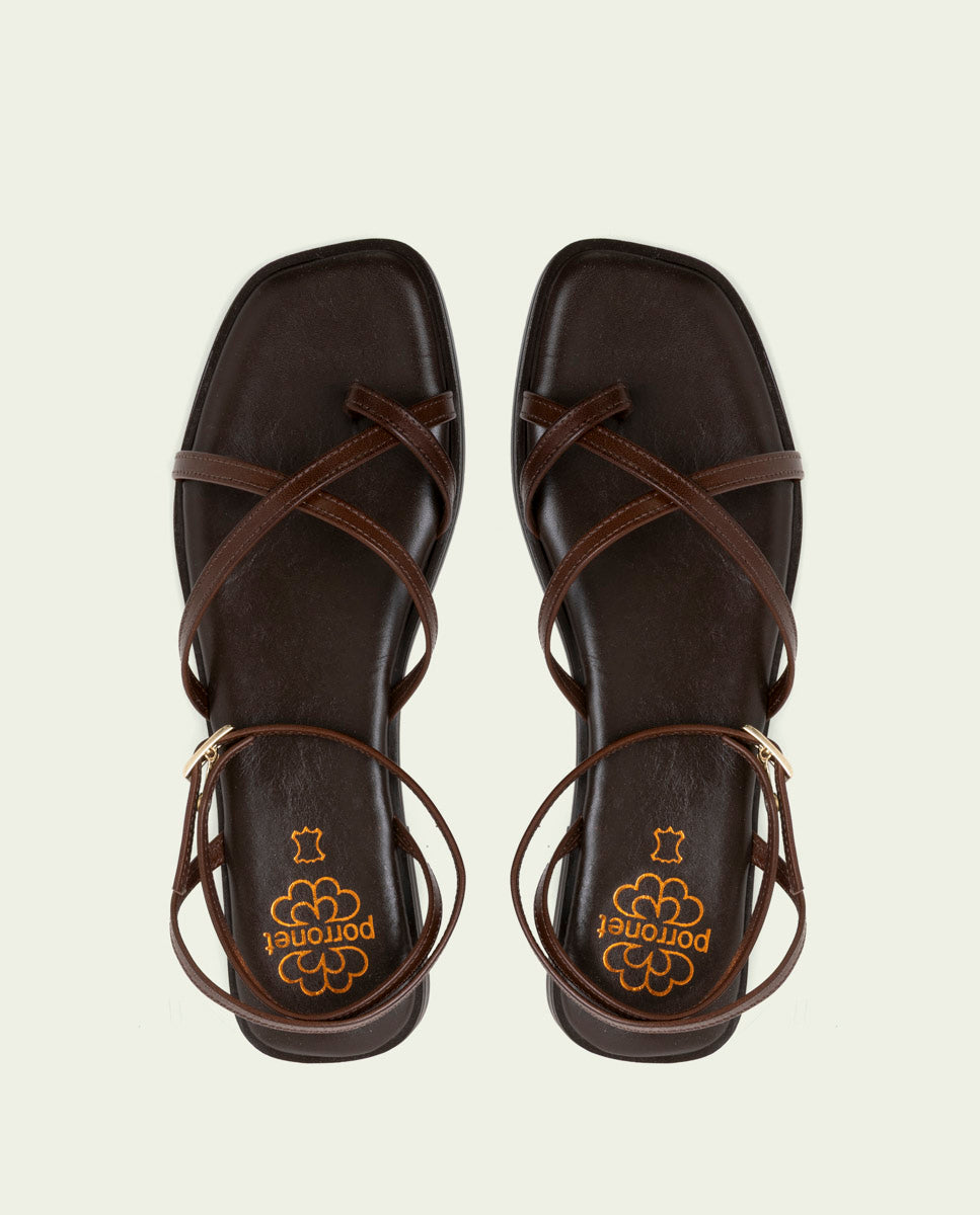 FLAT LEATHER SANDALS WITH STRAPS BIANCA MOCHA