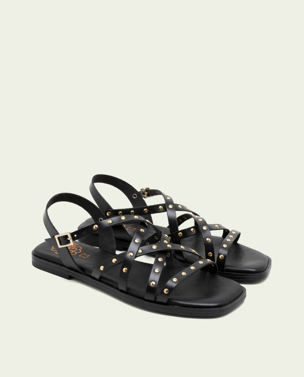 FLAT LEATHER SANDALS WITH STRAPS AND STUDS BLAIR BLACK