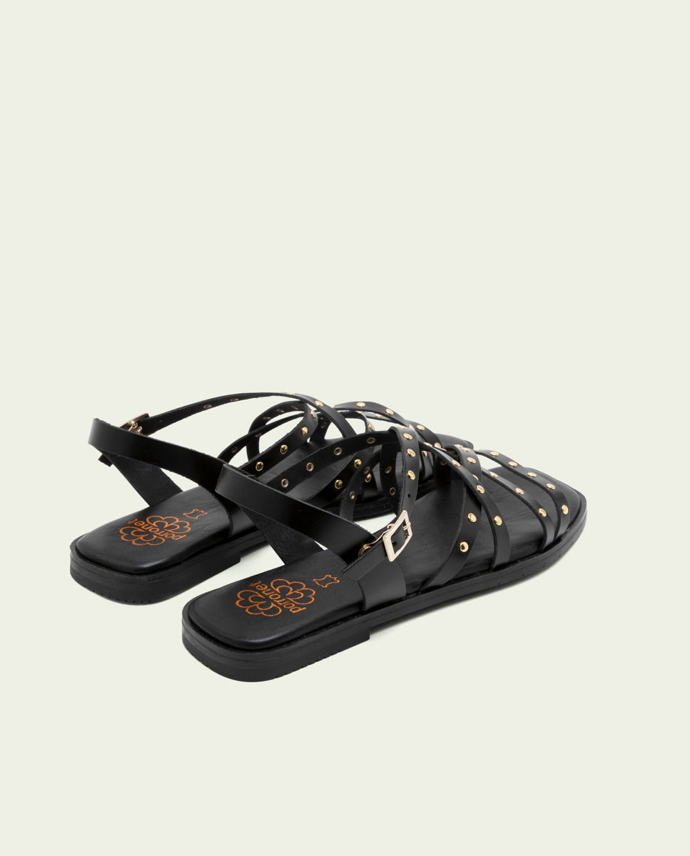 FLAT LEATHER SANDALS WITH STRAPS AND STUDS BLAIR BLACK