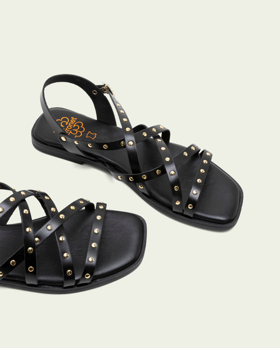 FLAT LEATHER SANDALS WITH STRAPS AND STUDS BLAIR BLACK