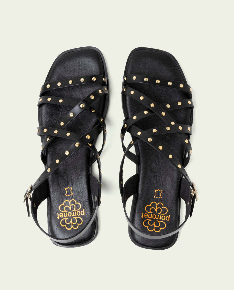 FLAT LEATHER SANDALS WITH STRAPS AND STUDS BLAIR BLACK