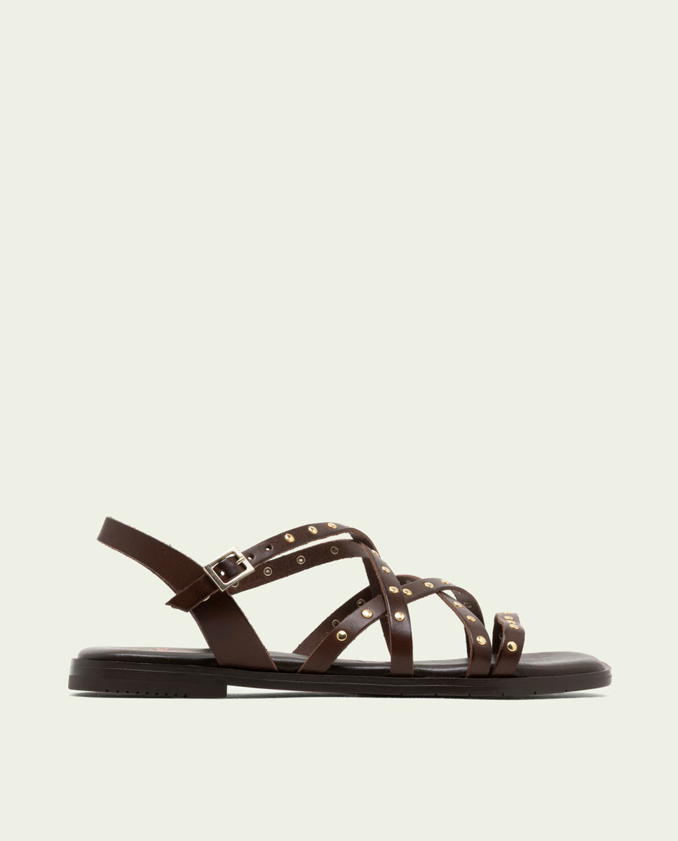 FLAT LEATHER SANDALS WITH STRAPS AND STUDS BLAIR MOCHA