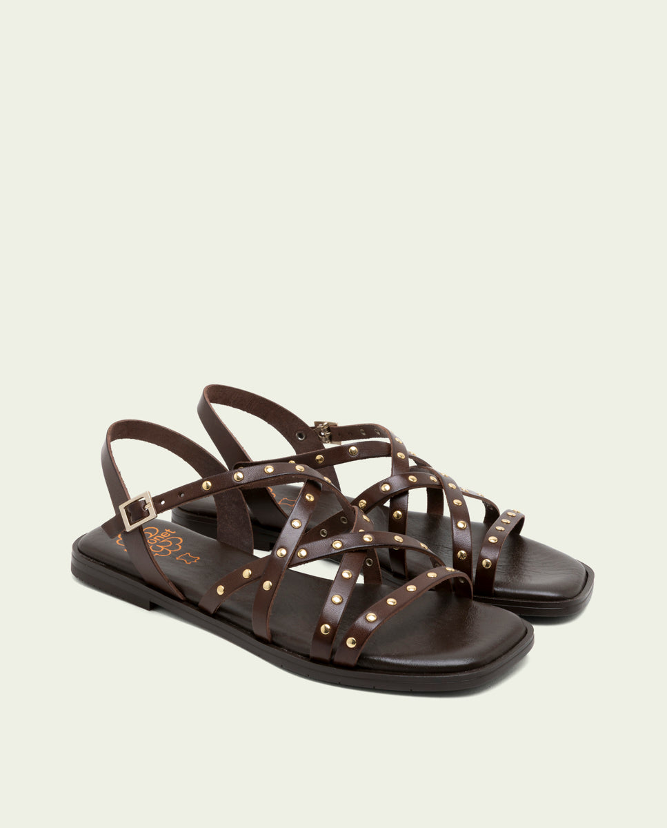 FLAT LEATHER SANDALS WITH STRAPS AND STUDS BLAIR MOCHA