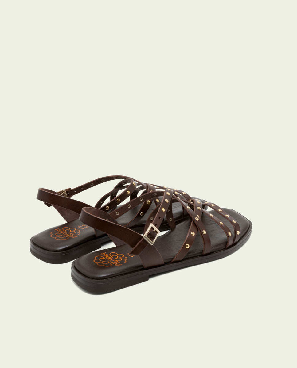 FLAT LEATHER SANDALS WITH STRAPS AND STUDS BLAIR MOCHA