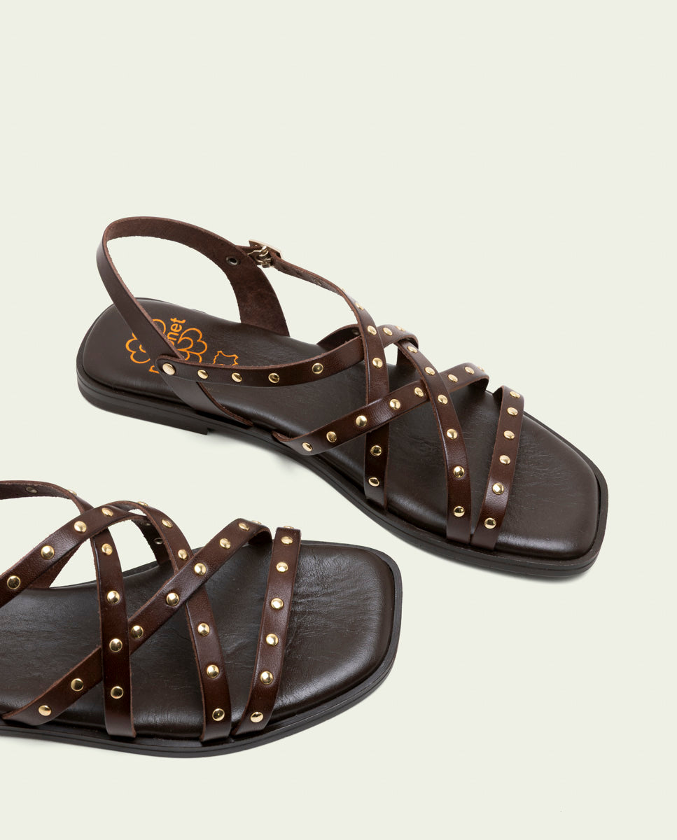 FLAT LEATHER SANDALS WITH STRAPS AND STUDS BLAIR MOCHA