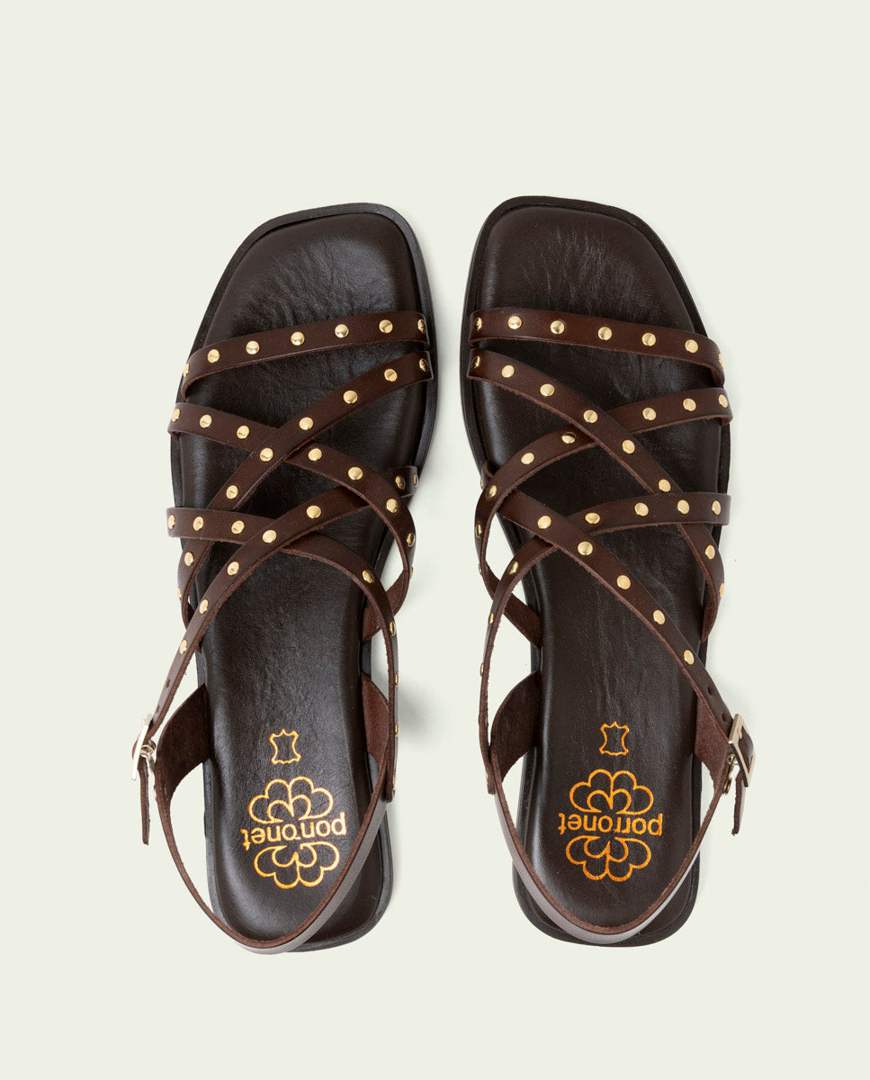 FLAT LEATHER SANDALS WITH STRAPS AND STUDS BLAIR MOCHA