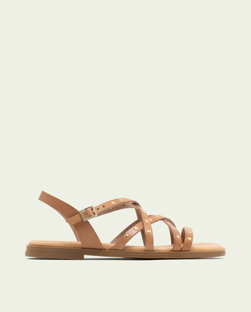 FLAT LEATHER SANDALS WITH STRAPS AND STUDS BLAIR TAUPE
