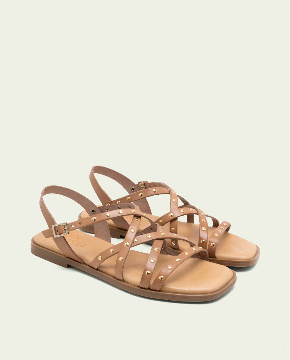 FLAT LEATHER SANDALS WITH STRAPS AND STUDS BLAIR TAUPE