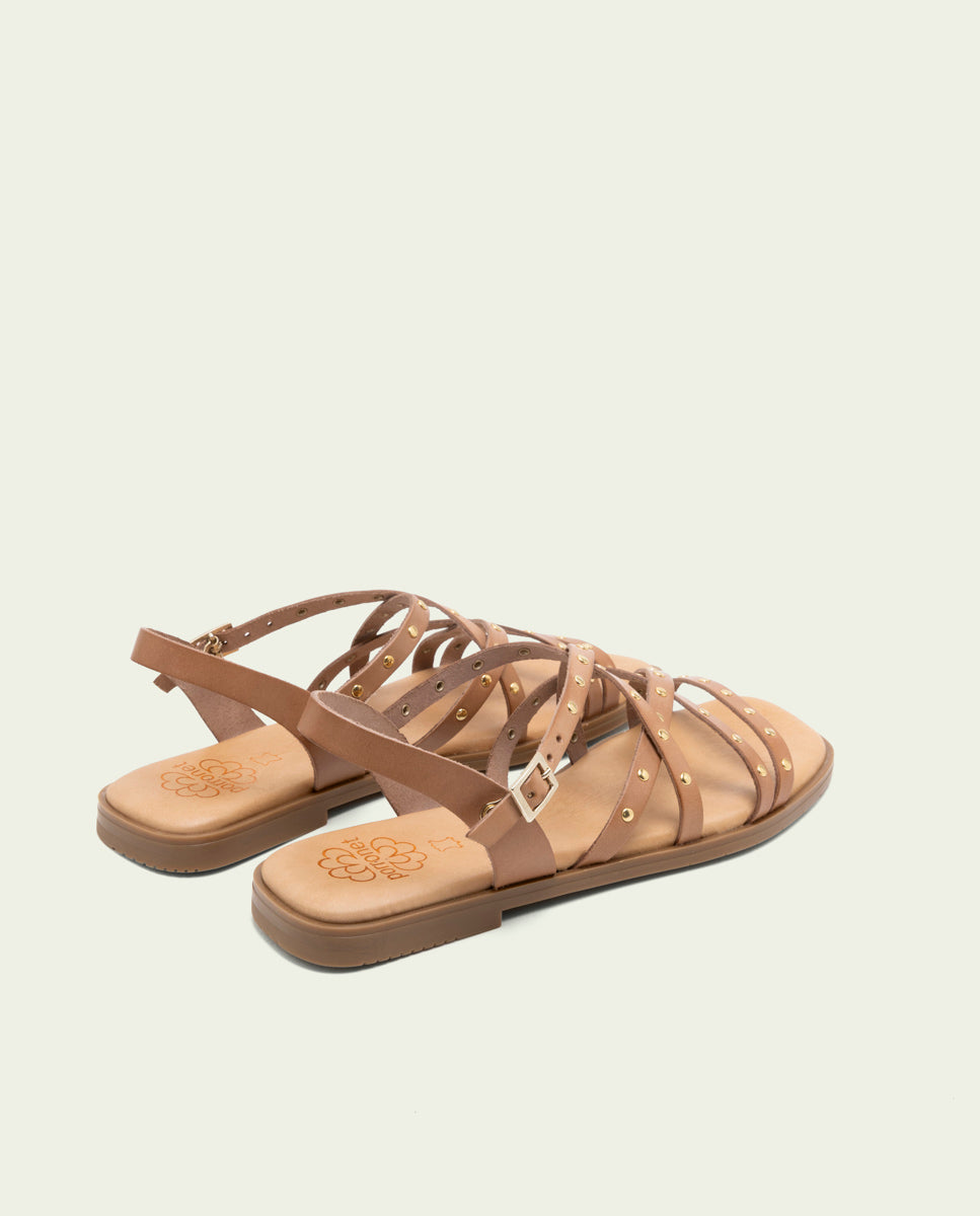 FLAT LEATHER SANDALS WITH STRAPS AND STUDS BLAIR TAUPE