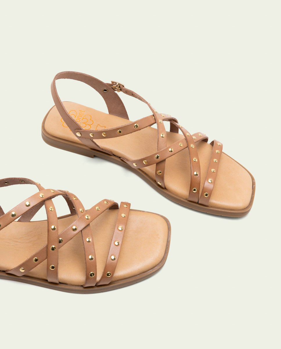FLAT LEATHER SANDALS WITH STRAPS AND STUDS BLAIR TAUPE