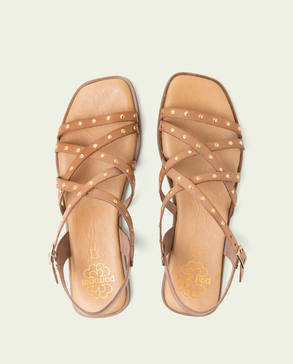FLAT LEATHER SANDALS WITH STRAPS AND STUDS BLAIR TAUPE