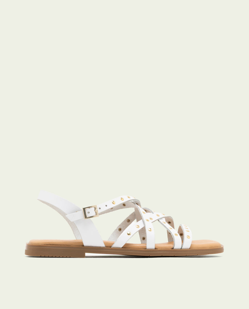 FLAT LEATHER SANDALS WITH STRAPS AND STUDS BLAIR WHITE