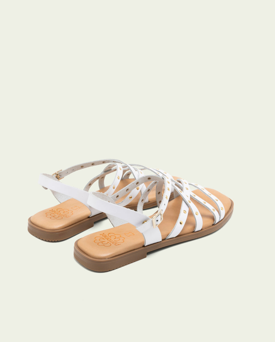 FLAT LEATHER SANDALS WITH STRAPS AND STUDS BLAIR WHITE