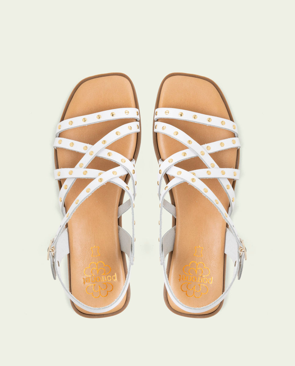 FLAT LEATHER SANDALS WITH STRAPS AND STUDS BLAIR WHITE