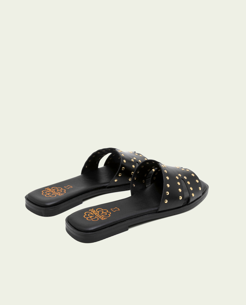 FLAT LEATHER SANDALS WITH STUDS BECCA BLACK