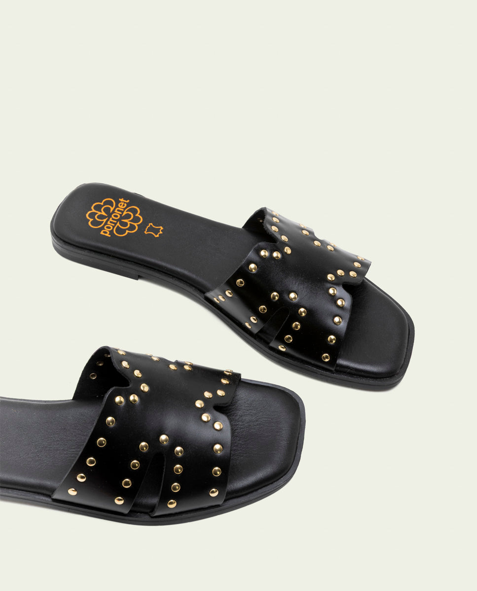 FLAT LEATHER SANDALS WITH STUDS BECCA BLACK