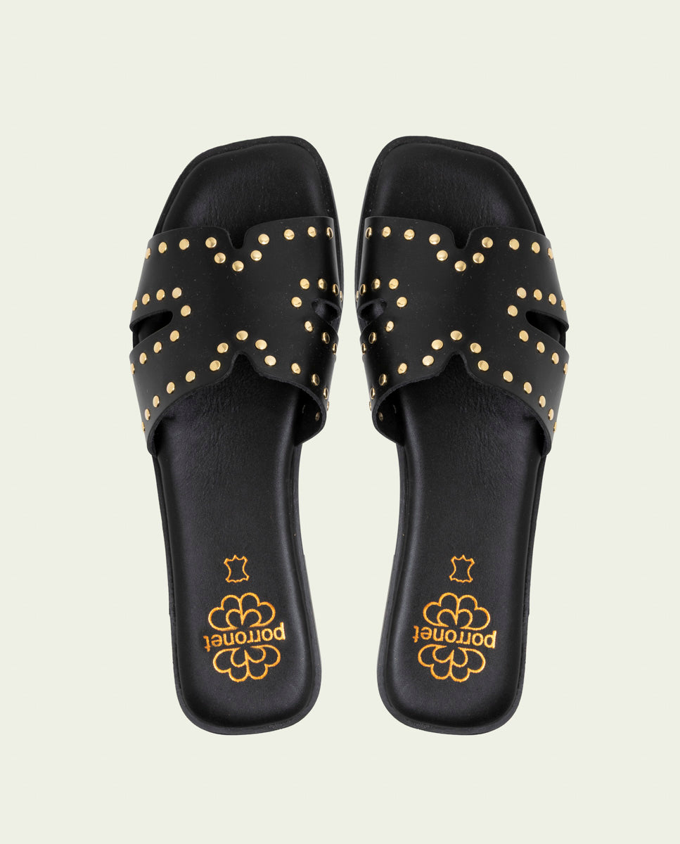 FLAT LEATHER SANDALS WITH STUDS BECCA BLACK
