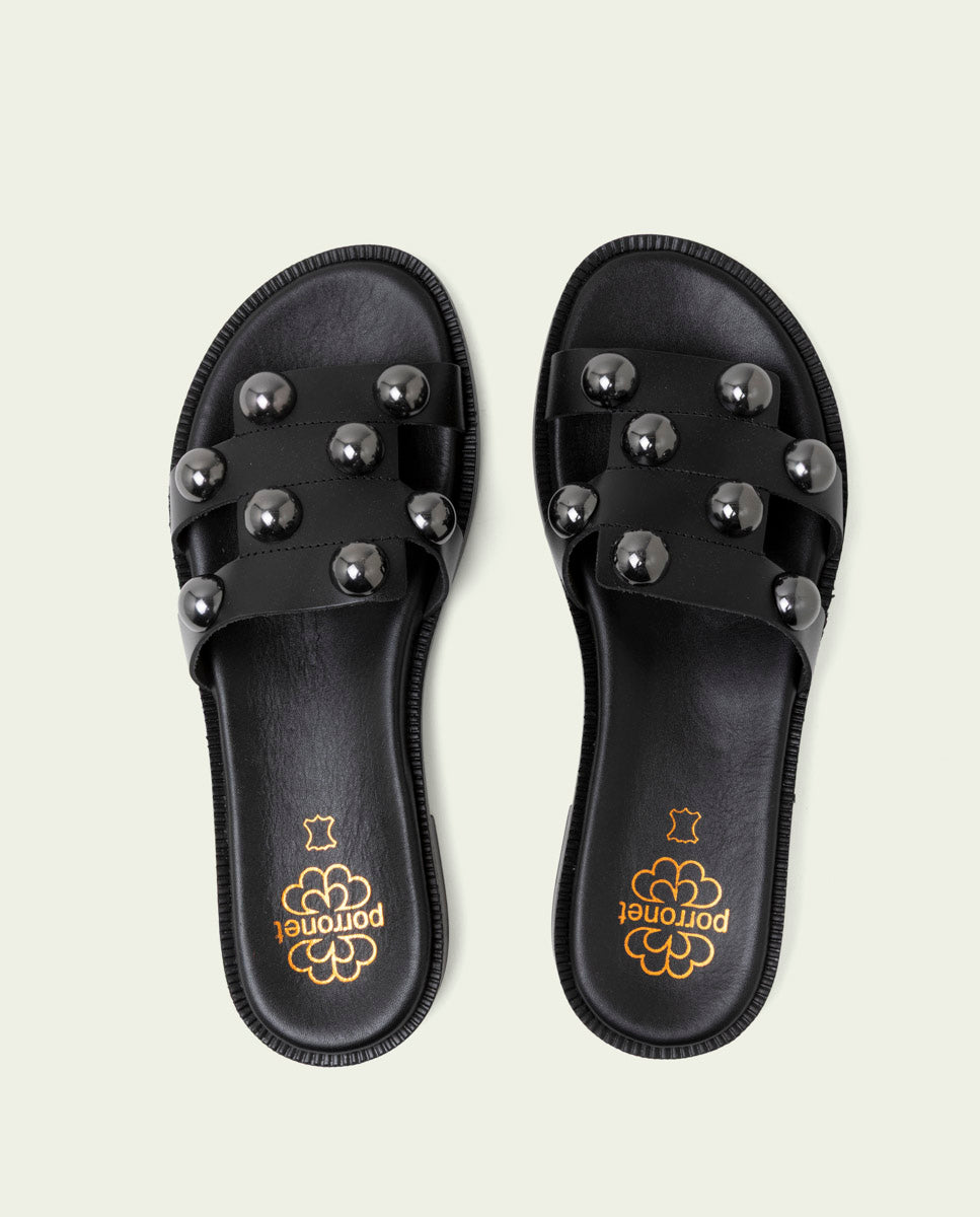 LEATHER SANDALS WITH OPEN HEELS AND STUDS CELIA BLACK