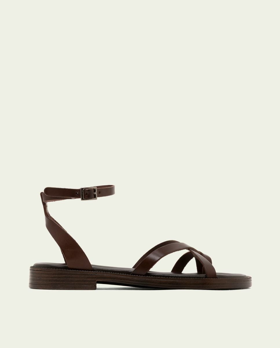 FLAT SLAVE LEATHER SANDALS CECILIA MOCHA