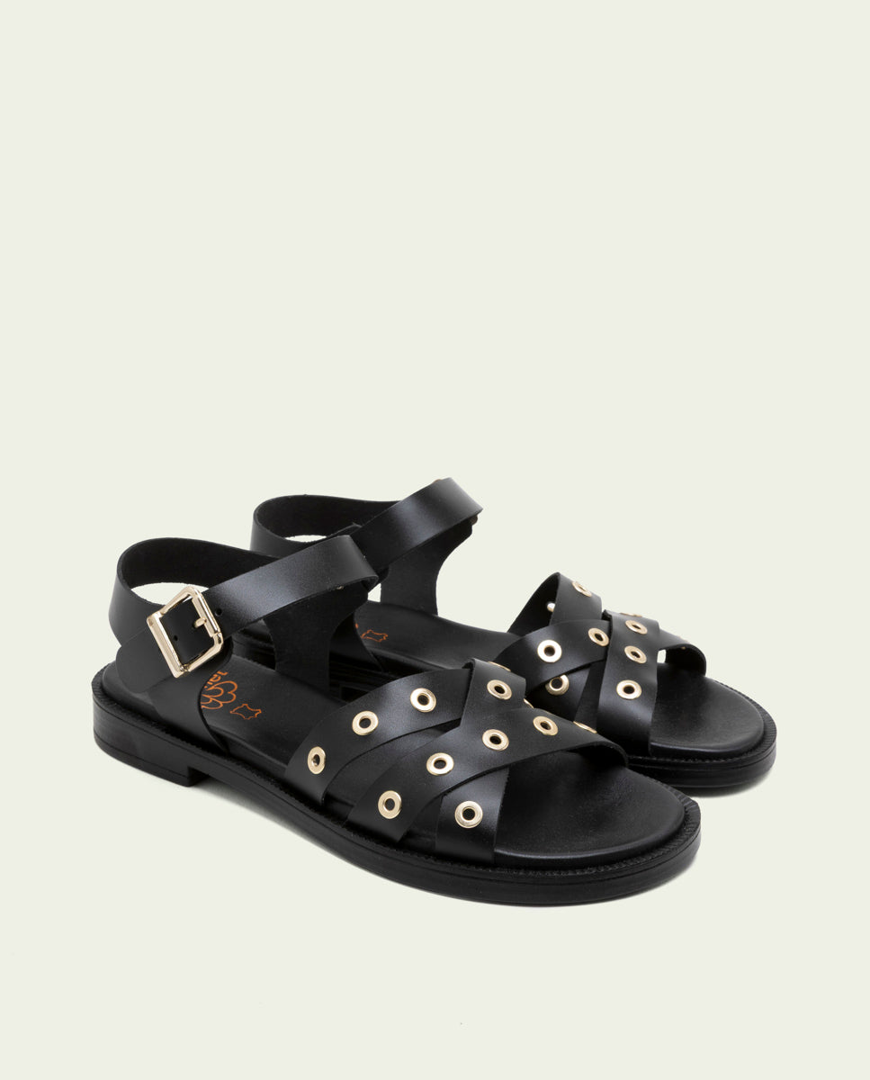 SANDALES PLATES EN CUIR À CLOUS CLAUDIA NOIR