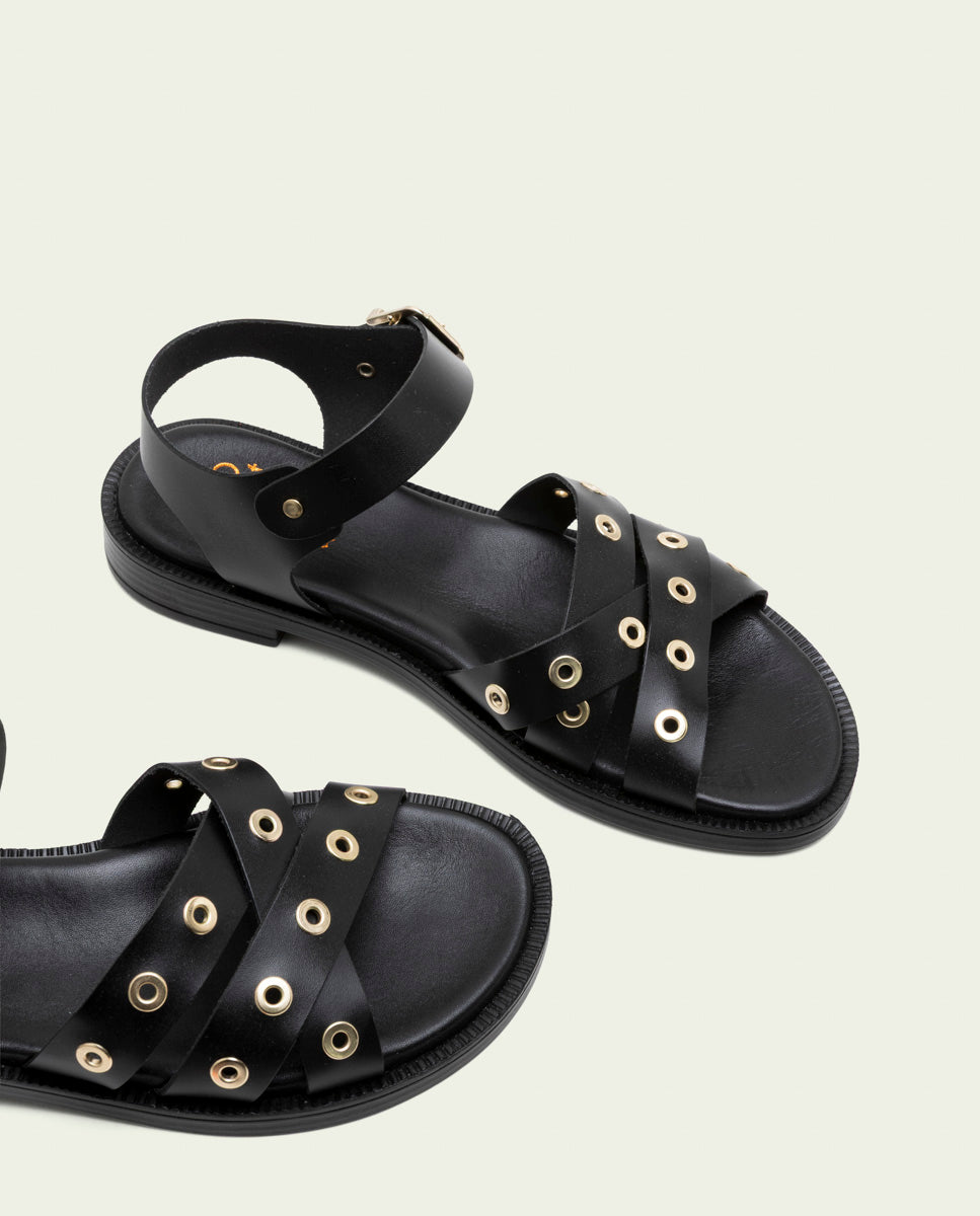 SANDALES PLATES EN CUIR À CLOUS CLAUDIA NOIR