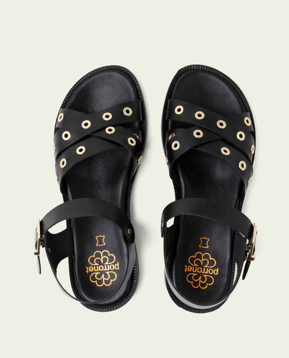 SANDALES PLATES EN CUIR À CLOUS CLAUDIA NOIR