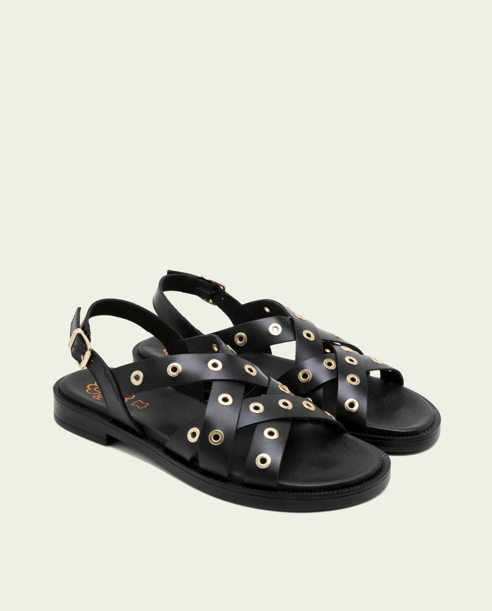 FLAT LEATHER SANDALS WITH STUDS CHLOE BLACK