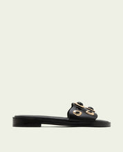 FLAT LEATHER SANDALS WITH CLEAR RHINESTONES BLACK