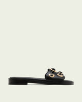 FLAT LEATHER SANDALS WITH CLEAR RHINESTONES BLACK
