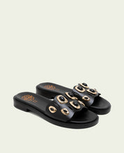 FLAT LEATHER SANDALS WITH CLEAR RHINESTONES BLACK